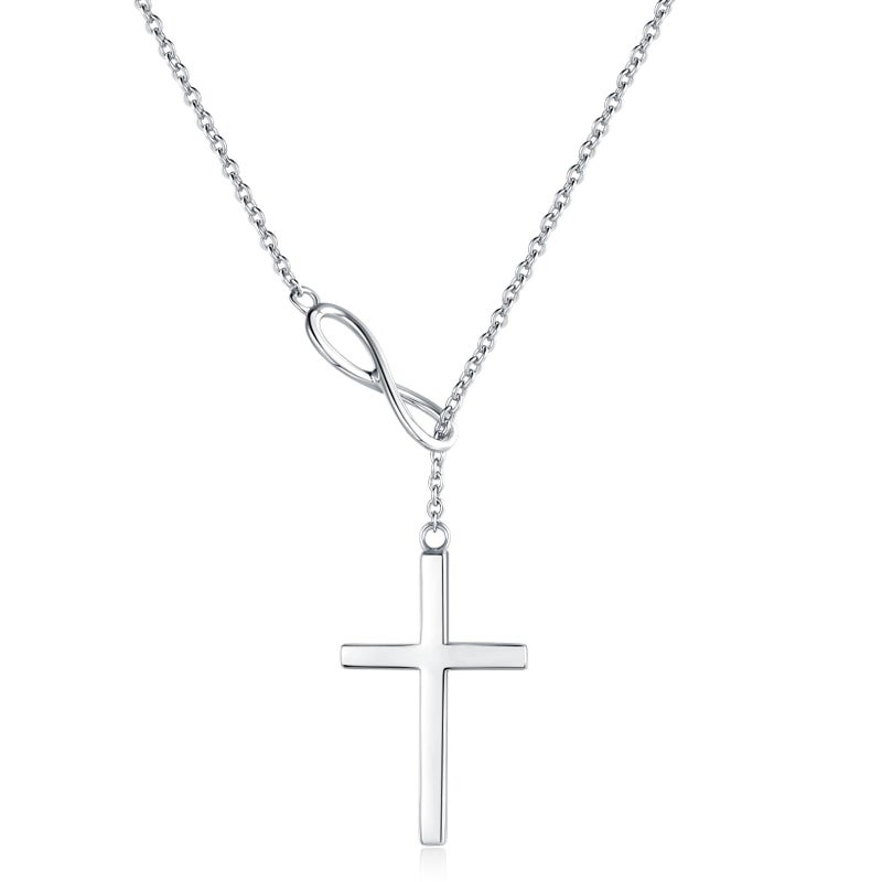 FANCIME White Gold Plated 925 Sterling Silver High Polished Infinity Cross Pendant Lariat Necklace Y Necklace Gift for Women, 18" - Image 1